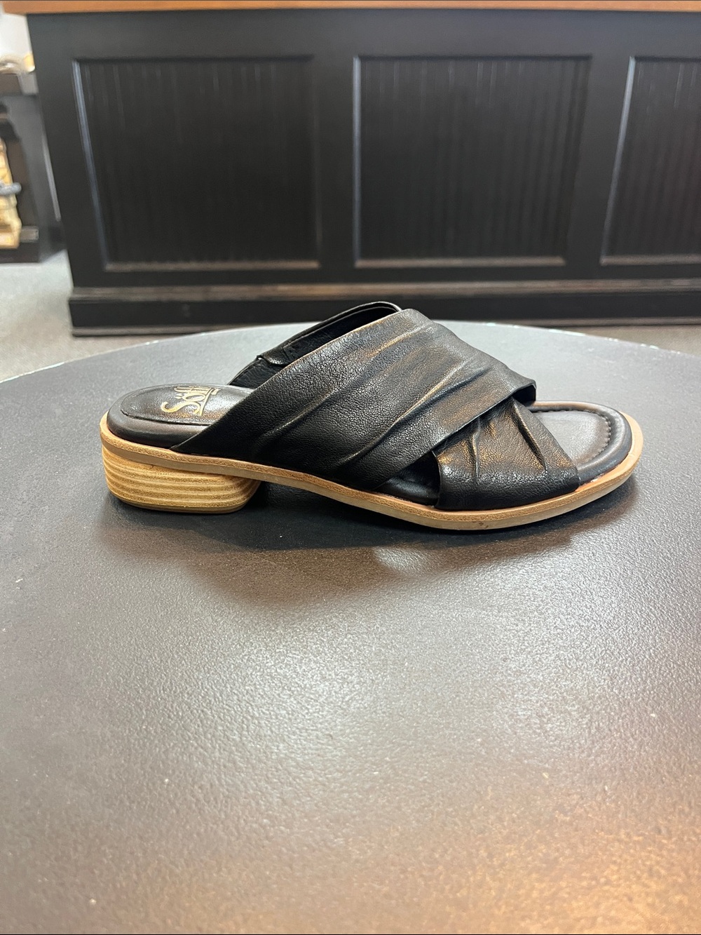 Sofft Black Leather Crisscross Slide with Natural Stacked Heel